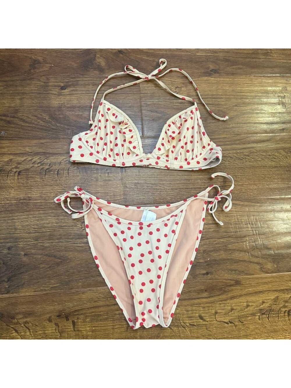 J.Crew Ruffle underwire bikini top and high waisted tie bottoms in red polka dot
